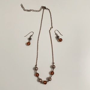 Necklace/earrings set with orange/brown beads. Rose gold filled chain/hardware